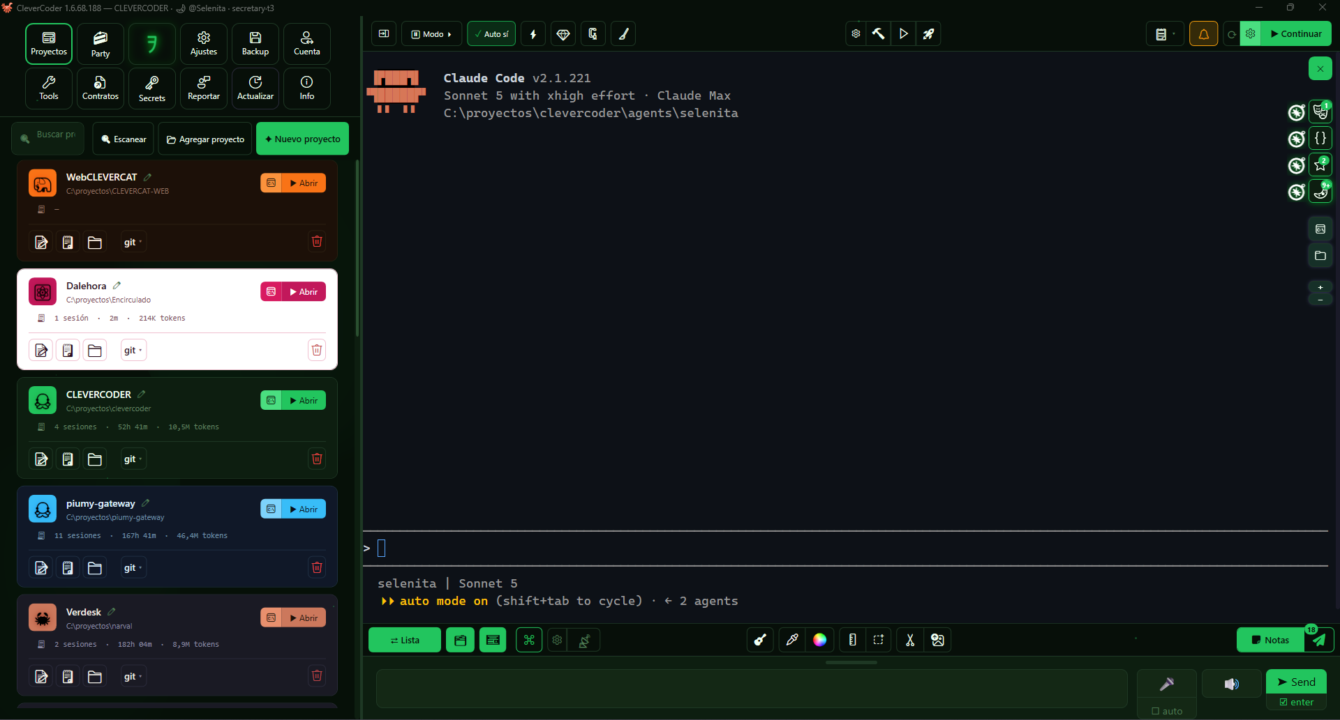 CleverCoder showing the project list on the left and an AI agent open in its terminal on the right
